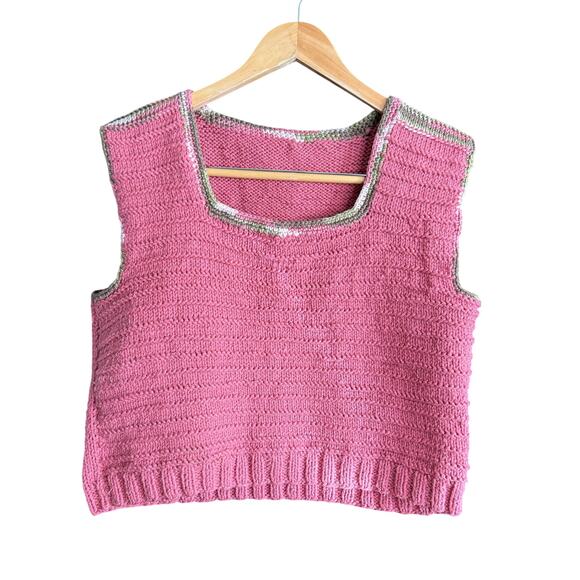Handmade Sweaters - 80s Vintage Hand Knit Pink Square Neck Sweater vest | Size Large / Extra Large